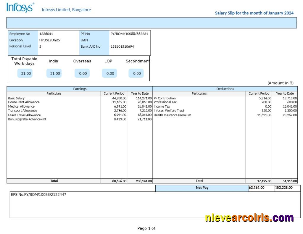 Infosys technology company salary slip